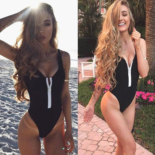 Solid Zipper Piece Swimsuit