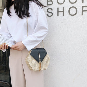 Hexagon Straw/Leather Handbag